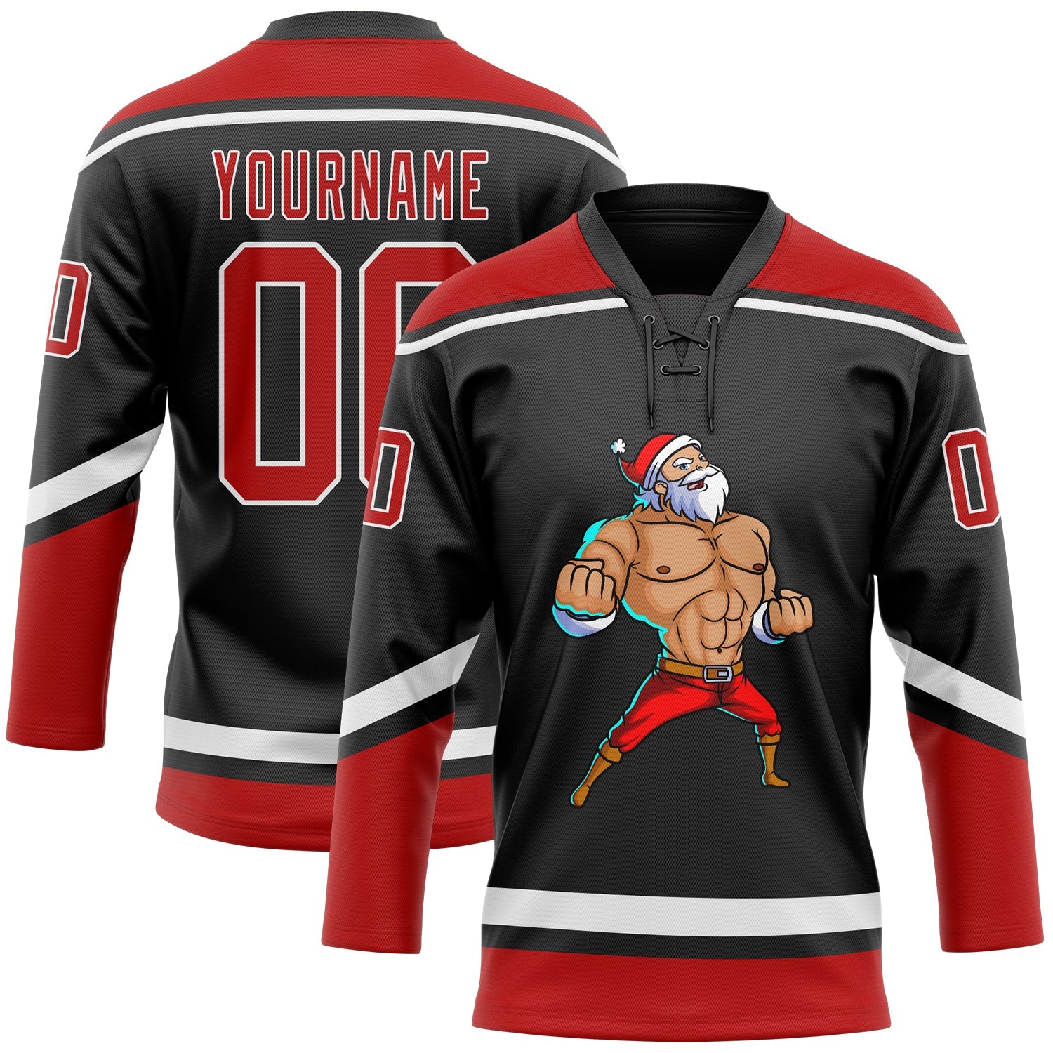 Custom Black Red-White Christmas Santa Claus 3D Hockey Lace Neck Jersey - Main View