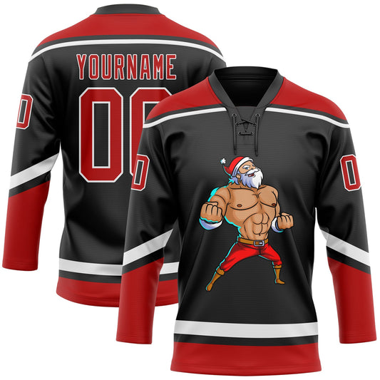 Custom Black Red-White Christmas Santa Claus 3D Hockey Lace Neck Jersey - Main View
