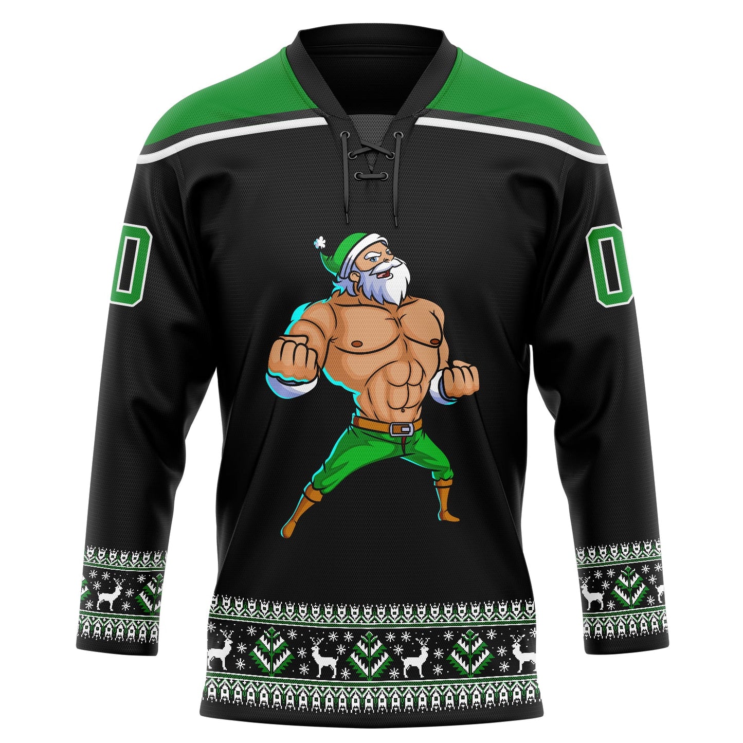 Custom Black Grass Green-White Christmas Santa Claus 3D Hockey Lace Neck Jersey view 2