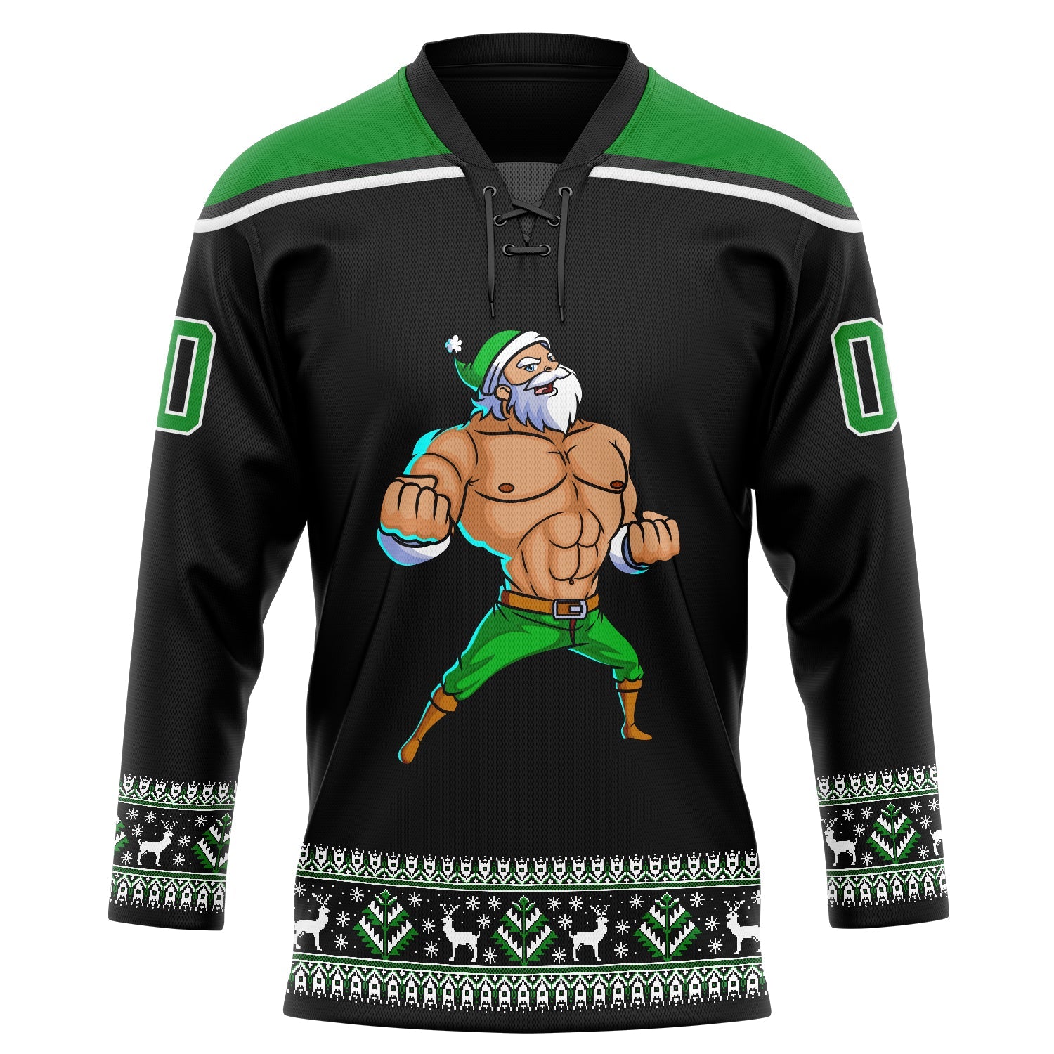 Custom Black Grass Green-White Christmas Santa Claus 3D Hockey Lace Neck Jersey view 2
