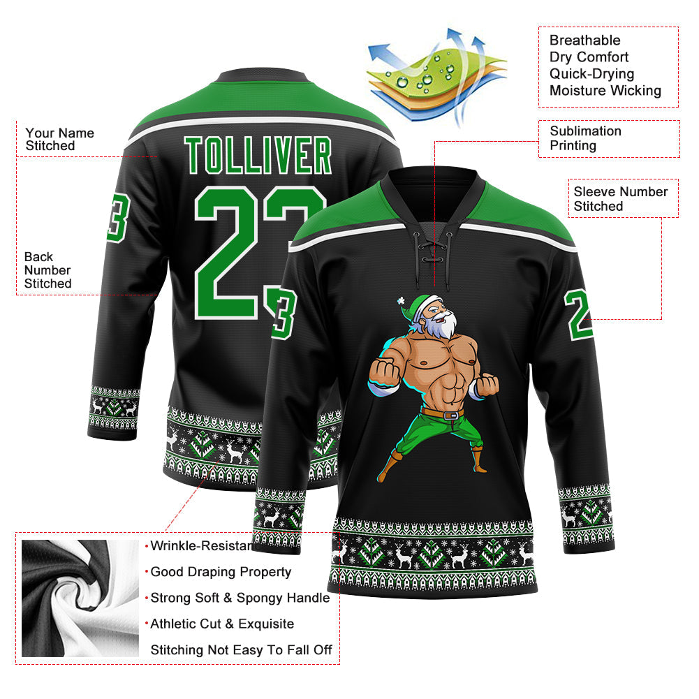 Custom Black Grass Green-White Christmas Santa Claus 3D Hockey Lace Neck Jersey view 3