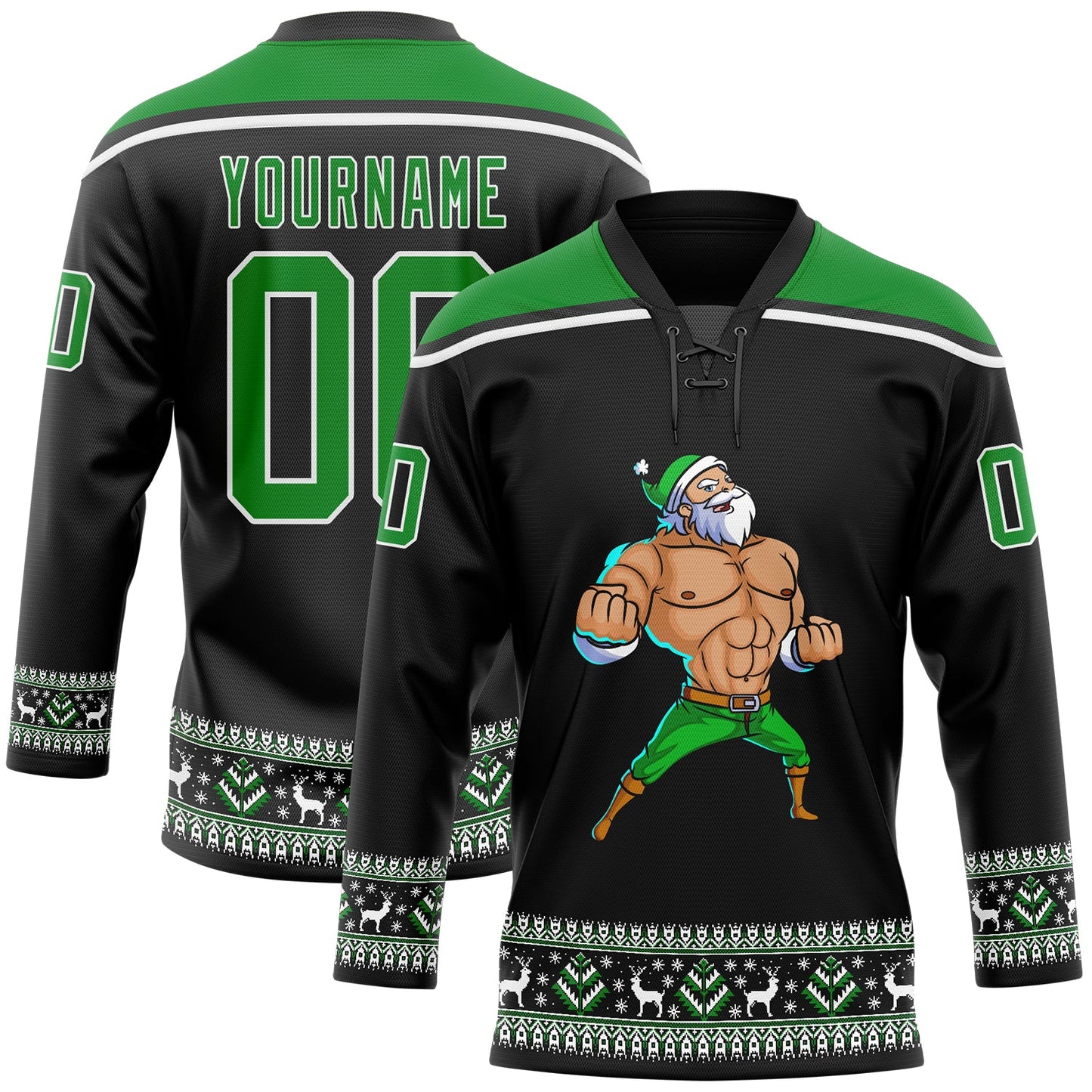 Custom Black Grass Green-White Christmas Santa Claus 3D Hockey Lace Neck Jersey - Main View