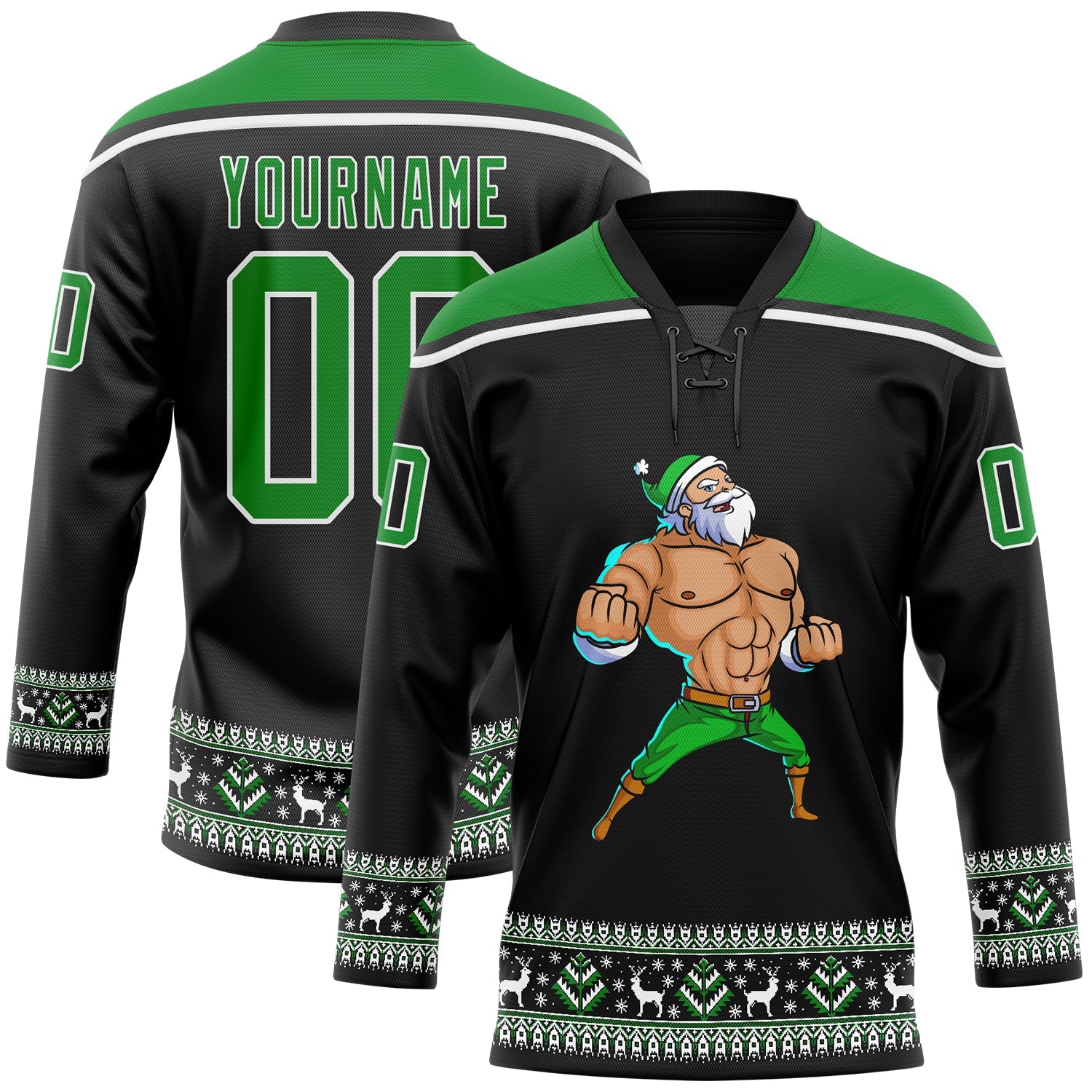 Custom Black Grass Green-White Christmas Santa Claus 3D Hockey Lace Neck Jersey - Main View