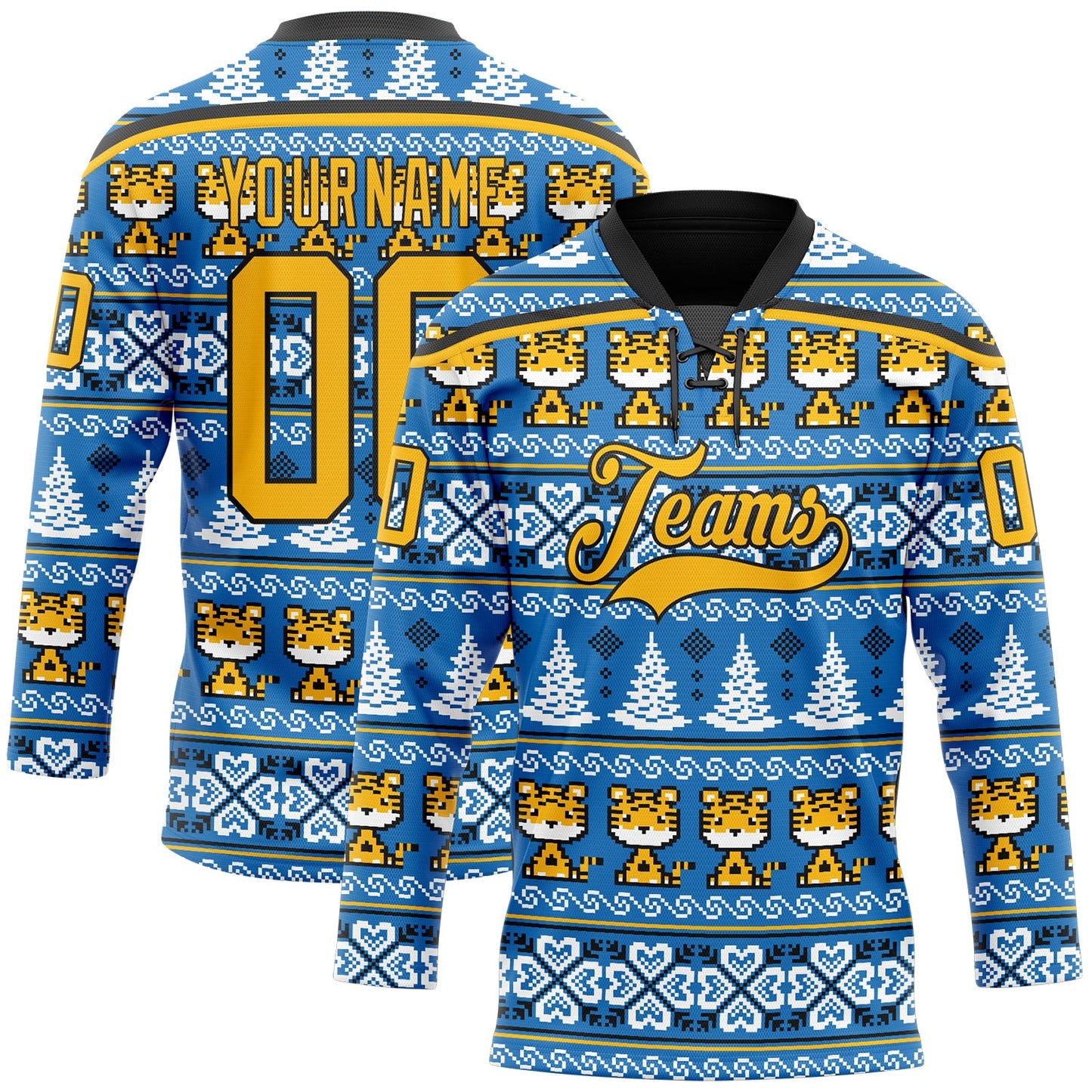 Custom Light Blue Gold-Black Christmas Tree And Tiger 3D Hockey Lace Neck Jersey view 2