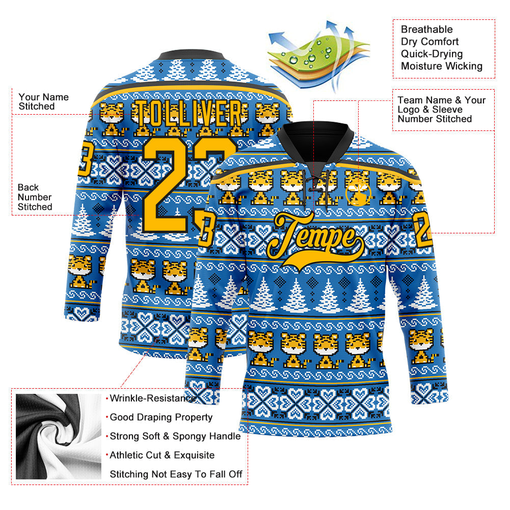 Custom Light Blue Gold-Black Christmas Tree And Tiger 3D Hockey Lace Neck Jersey view 3