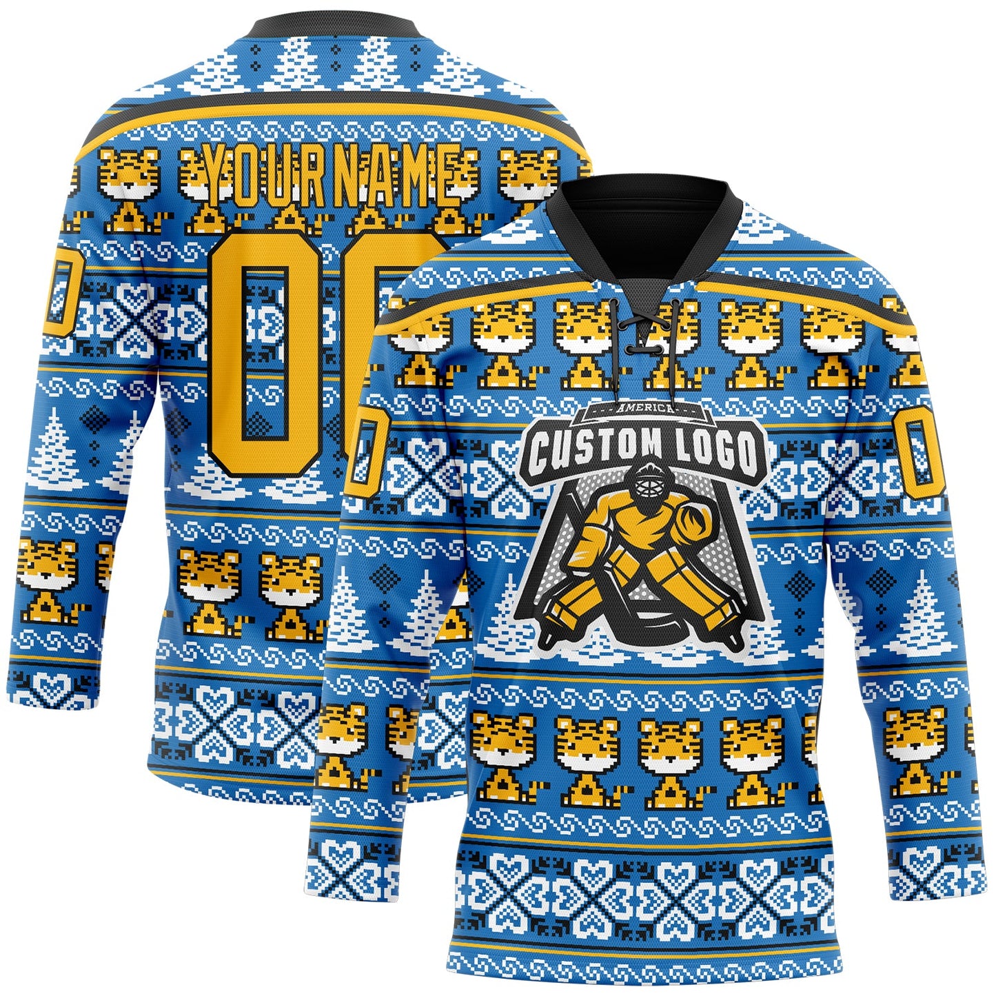 Custom Light Blue Gold-Black Christmas Tree And Tiger 3D Hockey Lace Neck Jersey - Main View