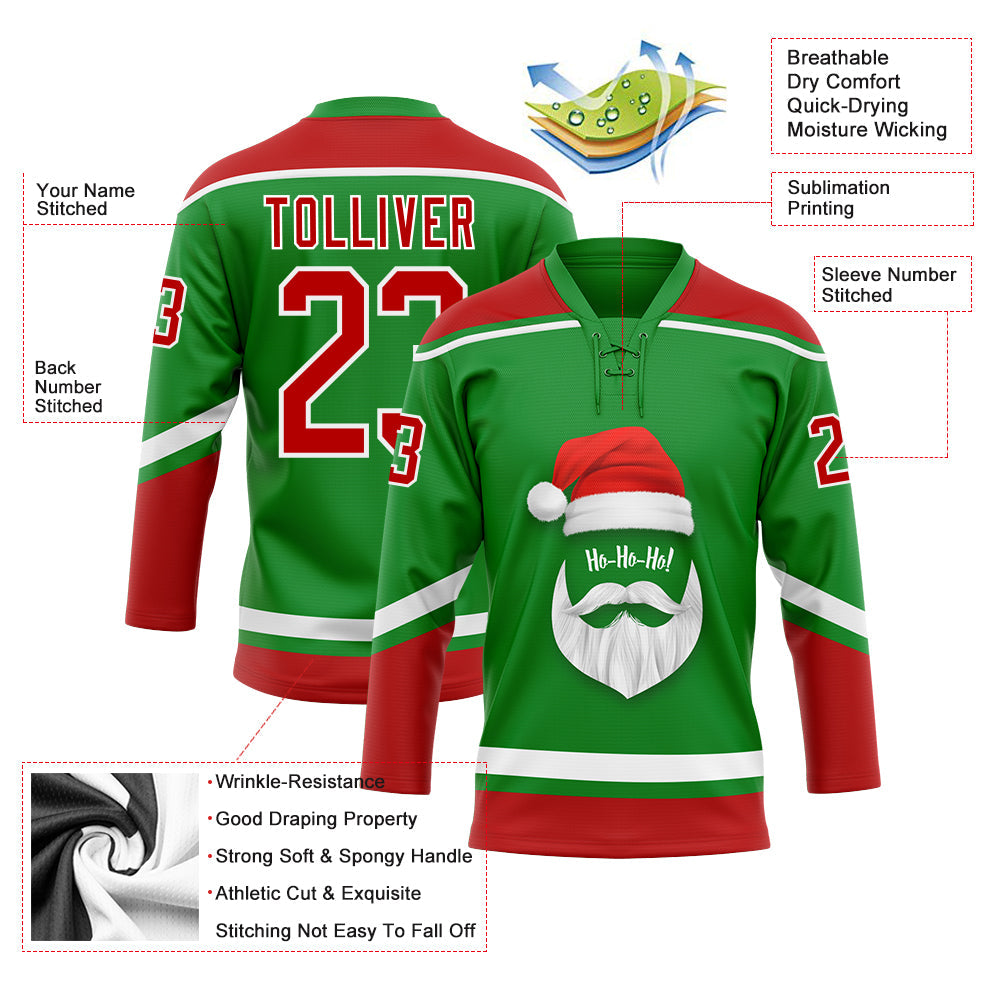 Custom Grass Green Red-White Christmas Santa Claus 3D Hockey Lace Neck Jersey view 3