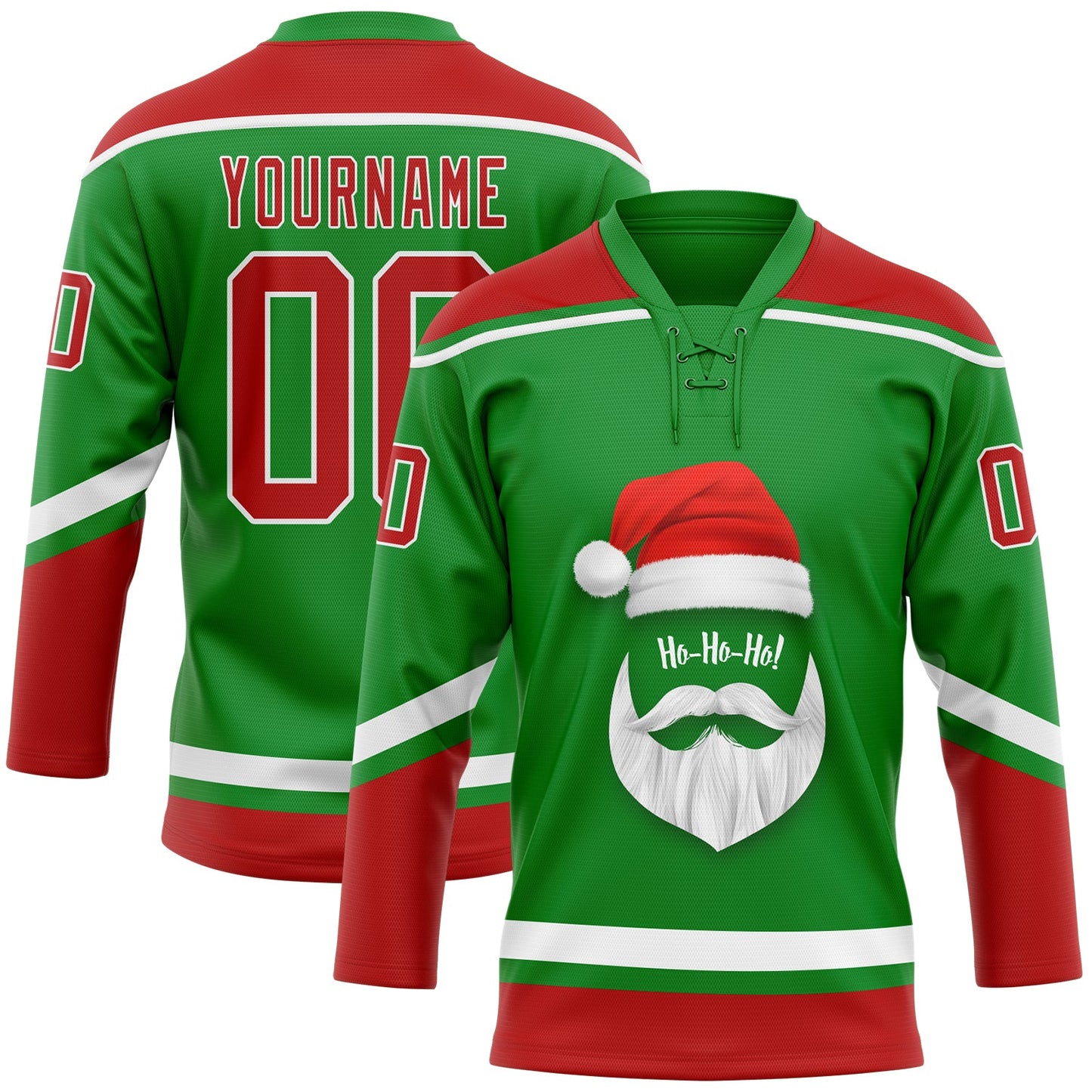Custom Grass Green Red-White Christmas Santa Claus 3D Hockey Lace Neck Jersey - Main View