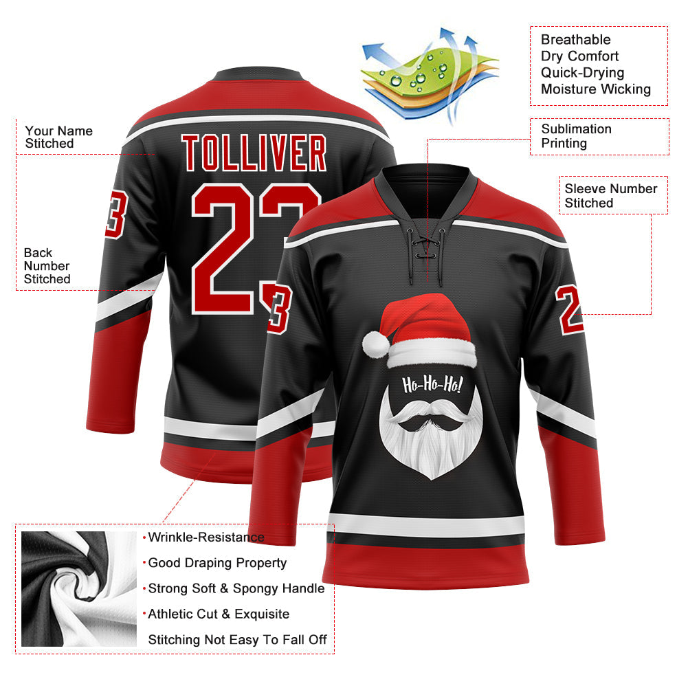 Custom Black Red-White Christmas Santa Claus 3D Hockey Lace Neck Jersey view 3