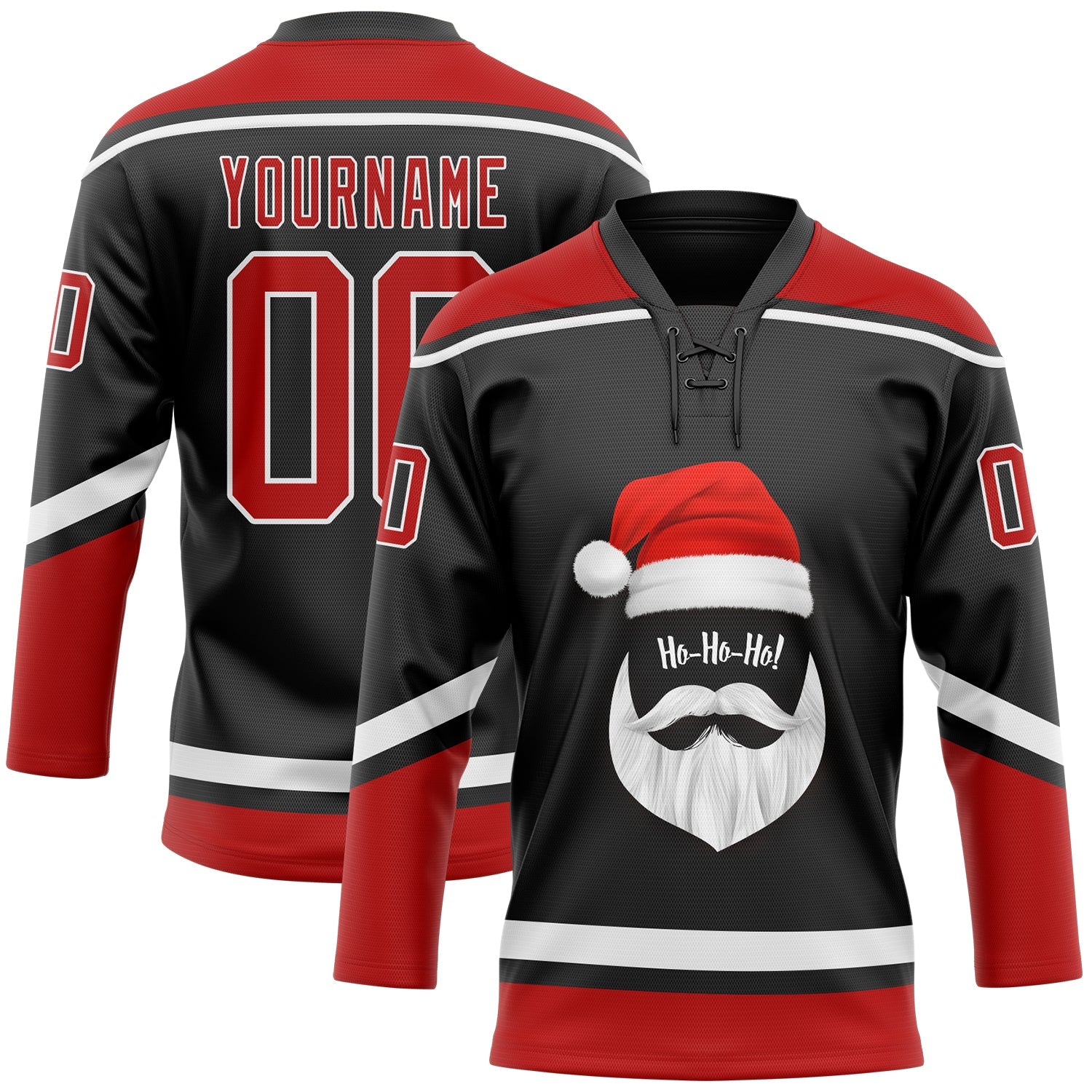 Custom Black Red-White Christmas Santa Claus 3D Hockey Lace Neck Jersey - Main View