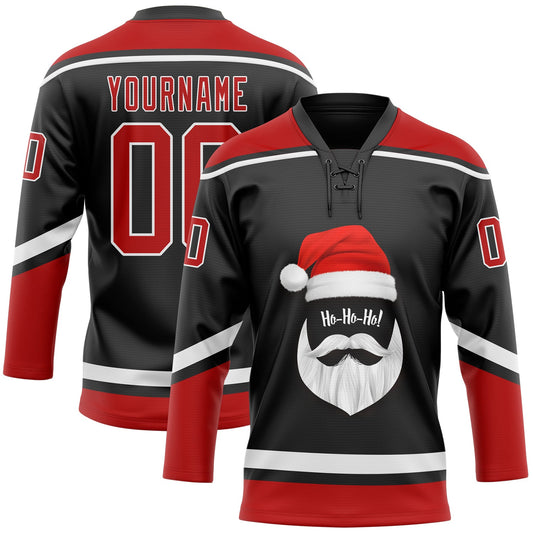 Custom Black Red-White Christmas Santa Claus 3D Hockey Lace Neck Jersey - Main View
