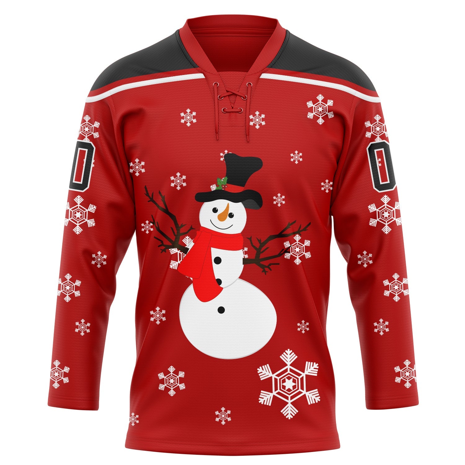 Custom Red Black-White Christmas Snowman 3D Hockey Lace Neck Jersey view 2