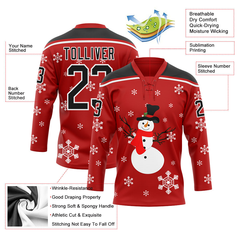 Custom Red Black-White Christmas Snowman 3D Hockey Lace Neck Jersey view 3