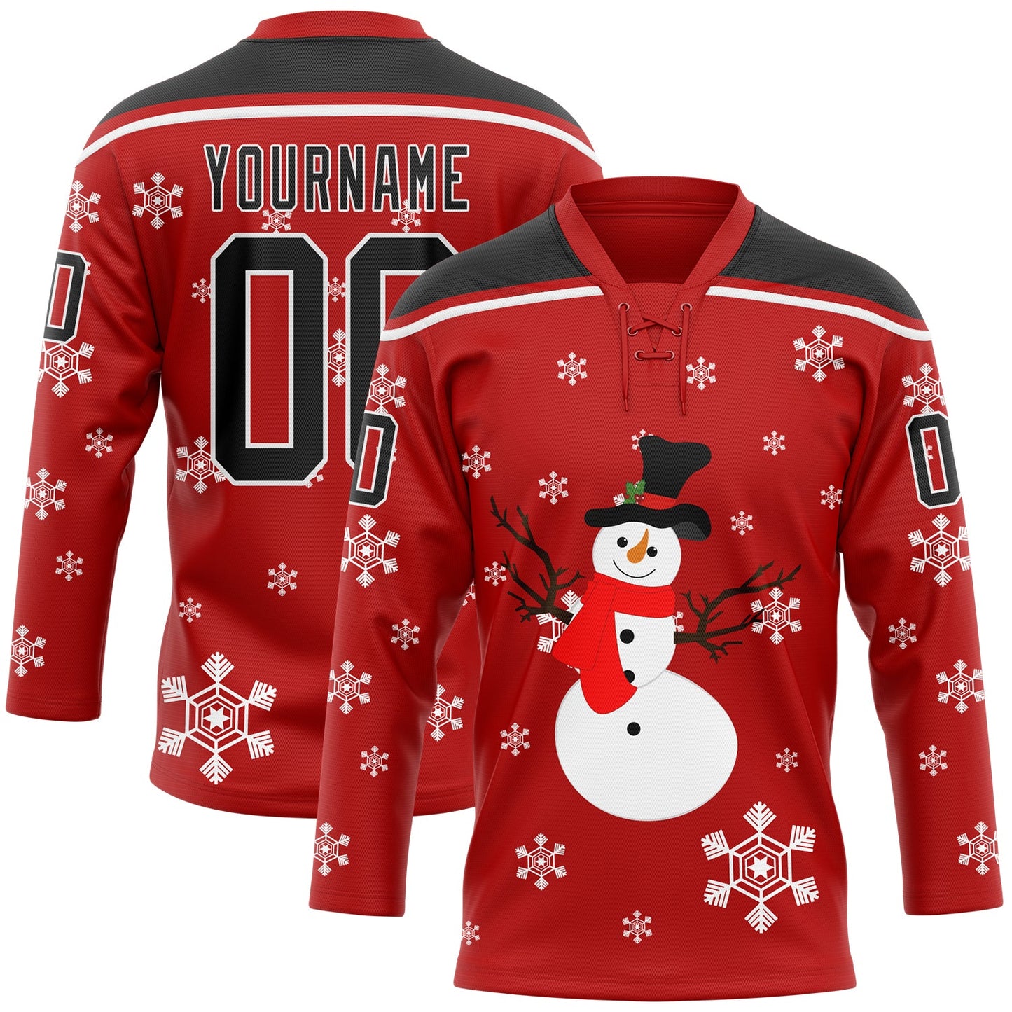 Custom Red Black-White Christmas Snowman 3D Hockey Lace Neck Jersey - Main View