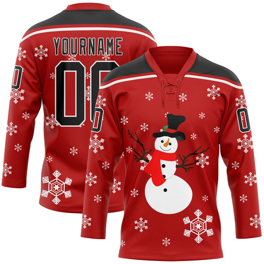 Custom Red Black-White Christmas Snowman 3D Hockey Lace Neck Jersey - Main View