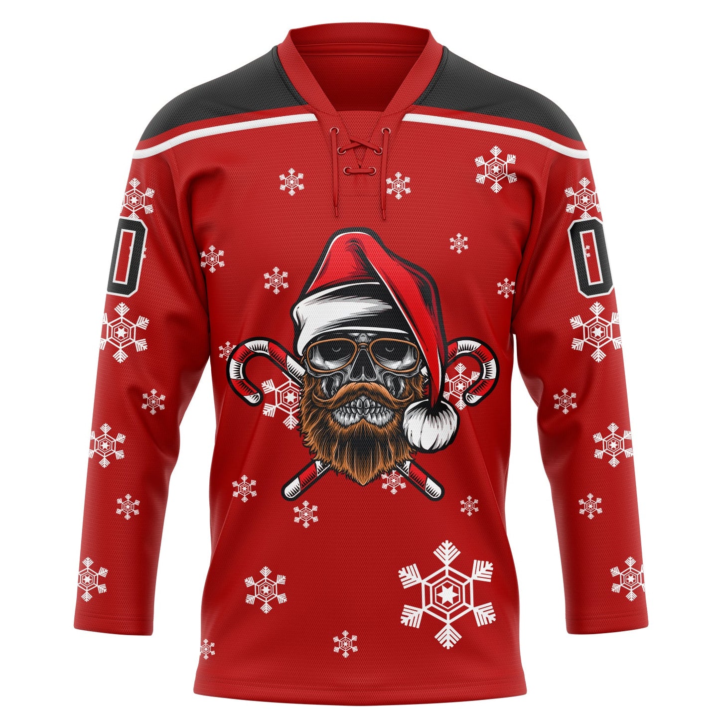 Custom Red Black-White Christmas Dog Wearing Santa Claus Costume 3D Hockey Lace Neck Jersey view 2