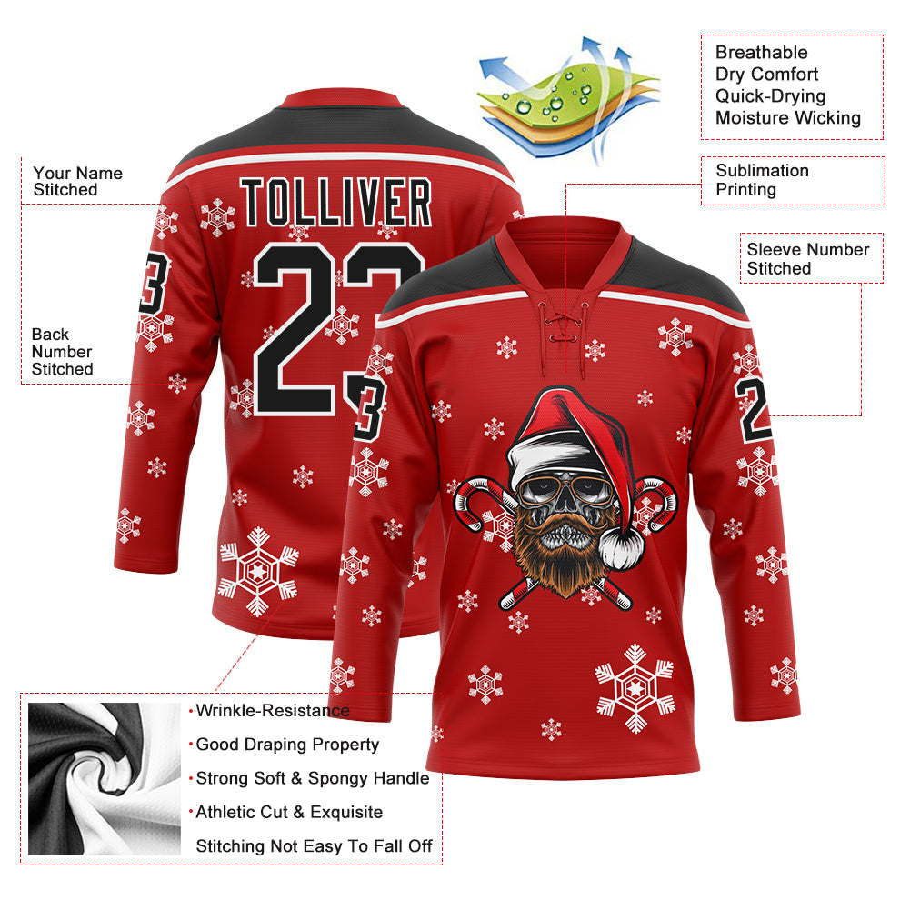 Custom Red Black-White Christmas Dog Wearing Santa Claus Costume 3D Hockey Lace Neck Jersey view 3
