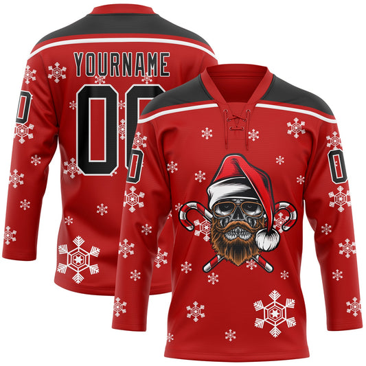 Custom Red Black-White Christmas Dog Wearing Santa Claus Costume 3D Hockey Lace Neck Jersey - Main View