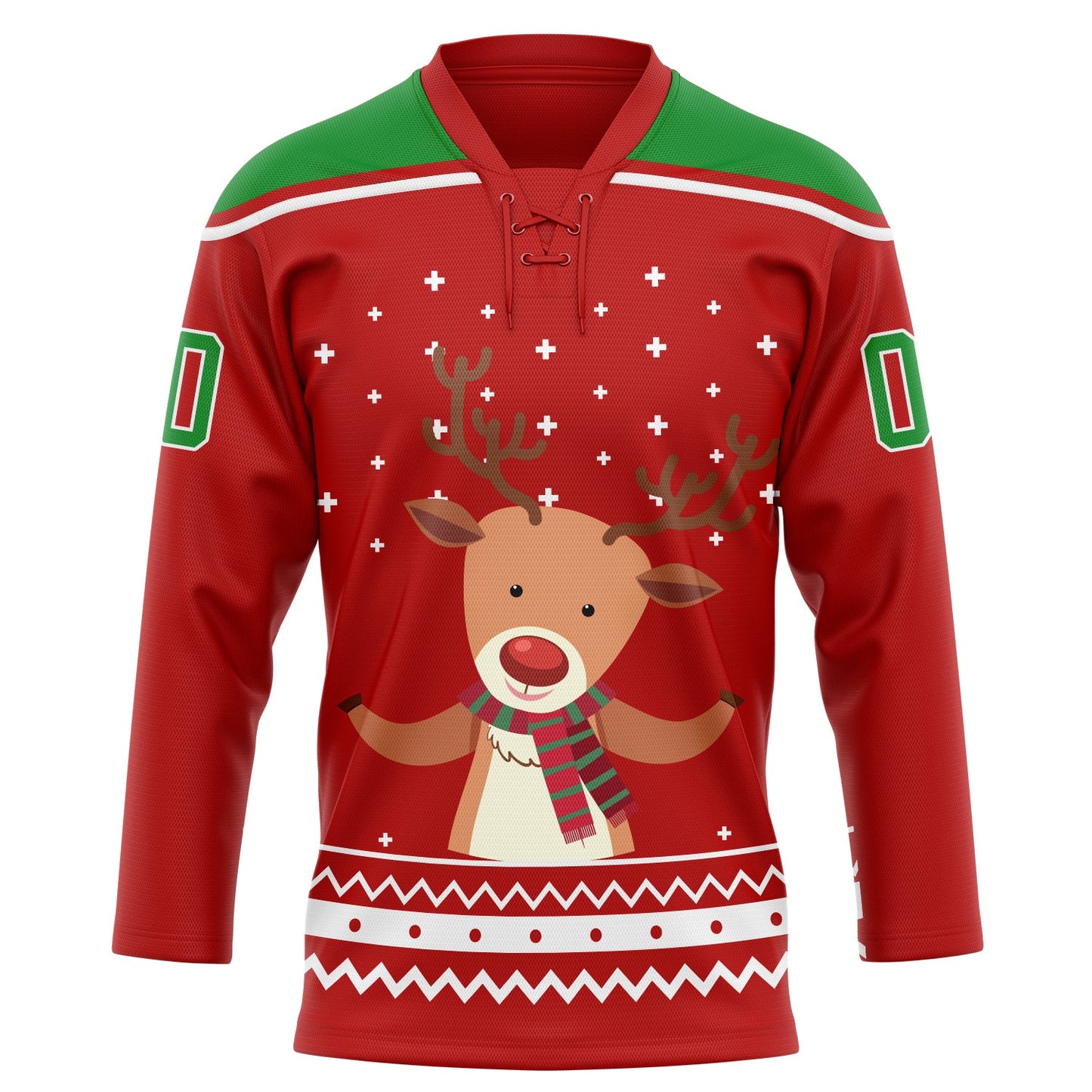 Custom Red Grass Green-White Christmas Reindeer 3D Hockey Lace Neck Jersey view 2