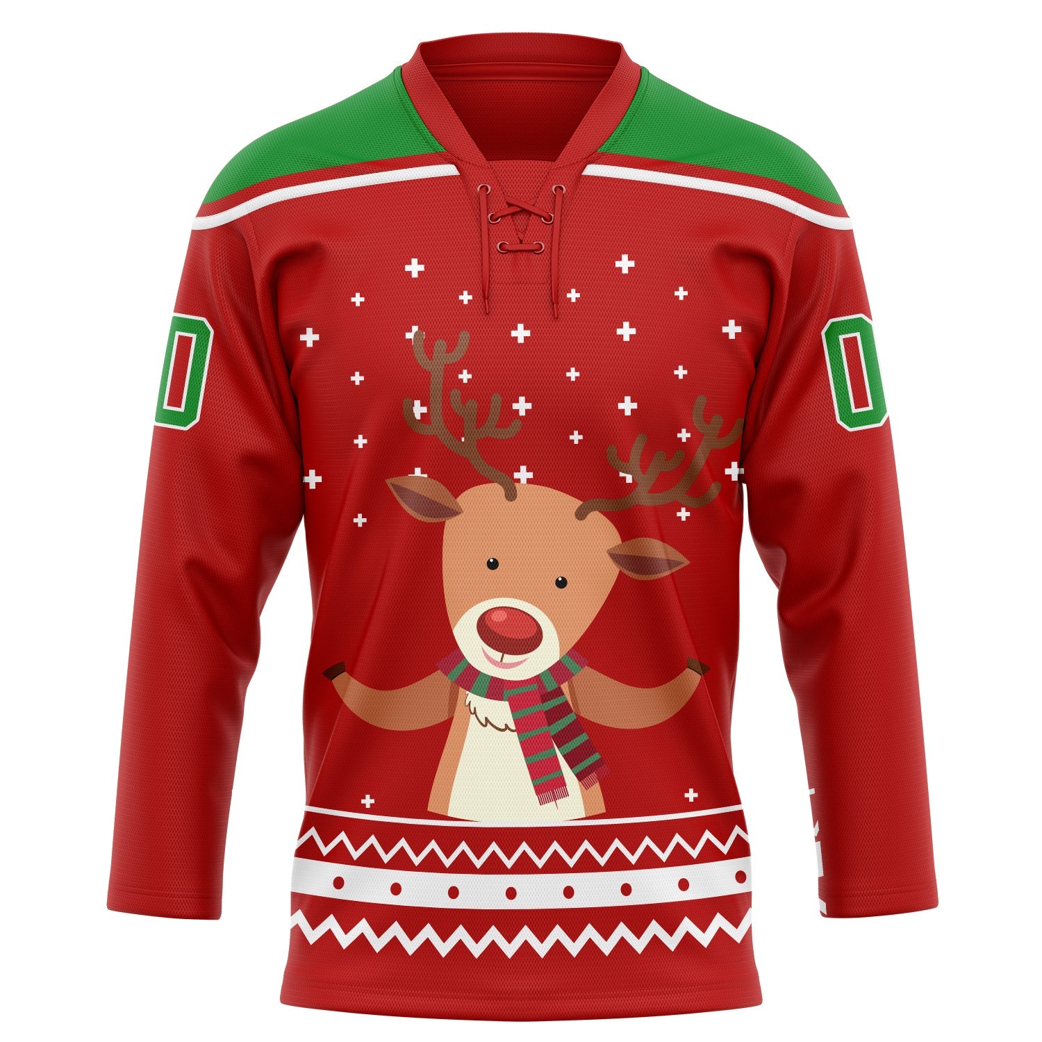 Custom Red Grass Green-White Christmas Reindeer 3D Hockey Lace Neck Jersey view 2