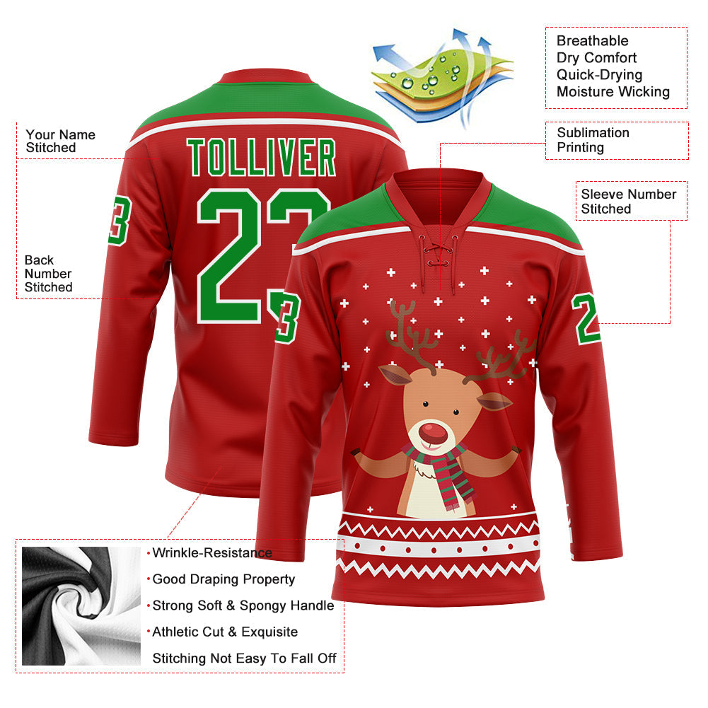 Custom Red Grass Green-White Christmas Reindeer 3D Hockey Lace Neck Jersey view 3