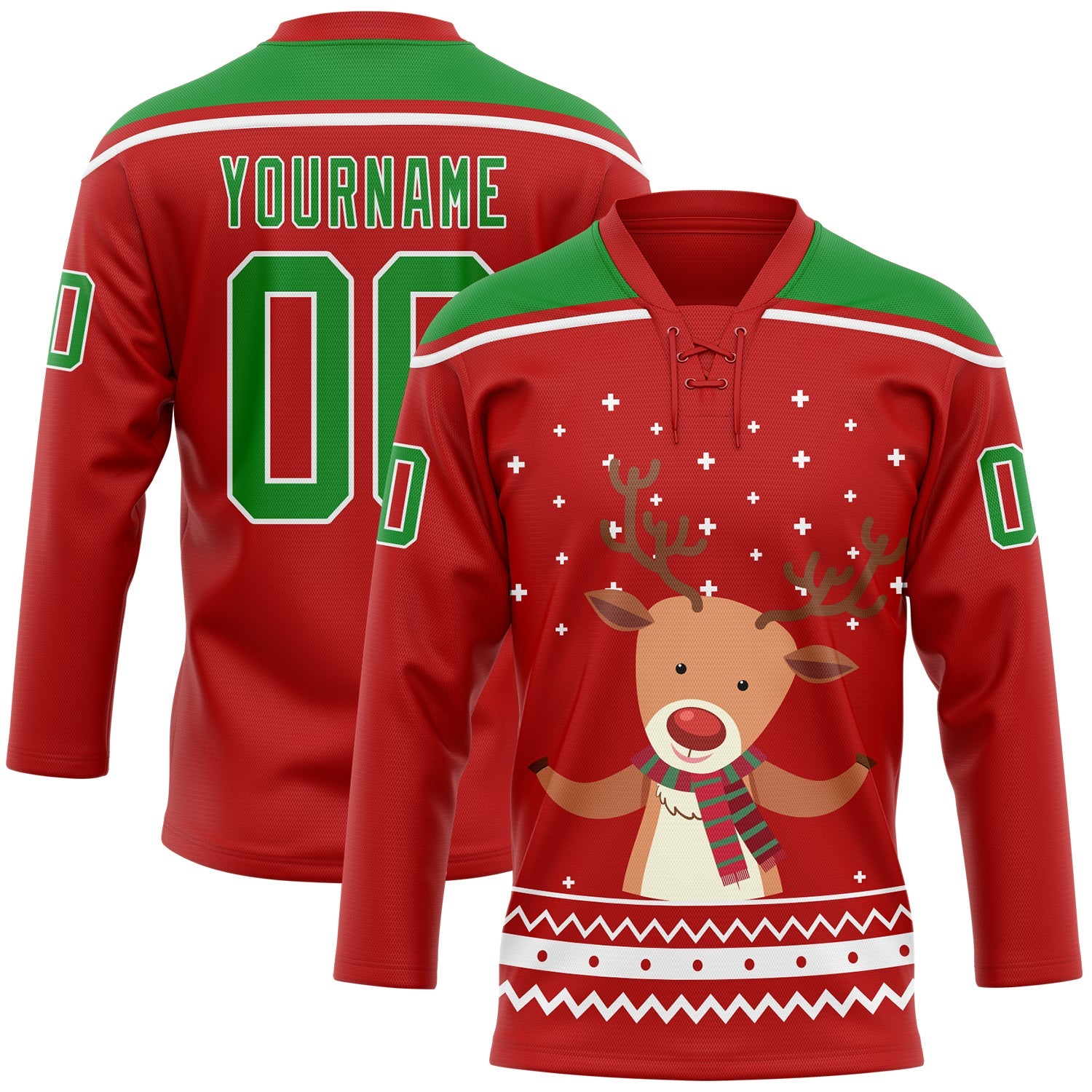 Custom Red Grass Green-White Christmas Reindeer 3D Hockey Lace Neck Jersey - Main View