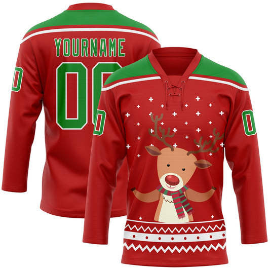 Custom Red Grass Green-White Christmas Reindeer 3D Hockey Lace Neck Jersey - Main View