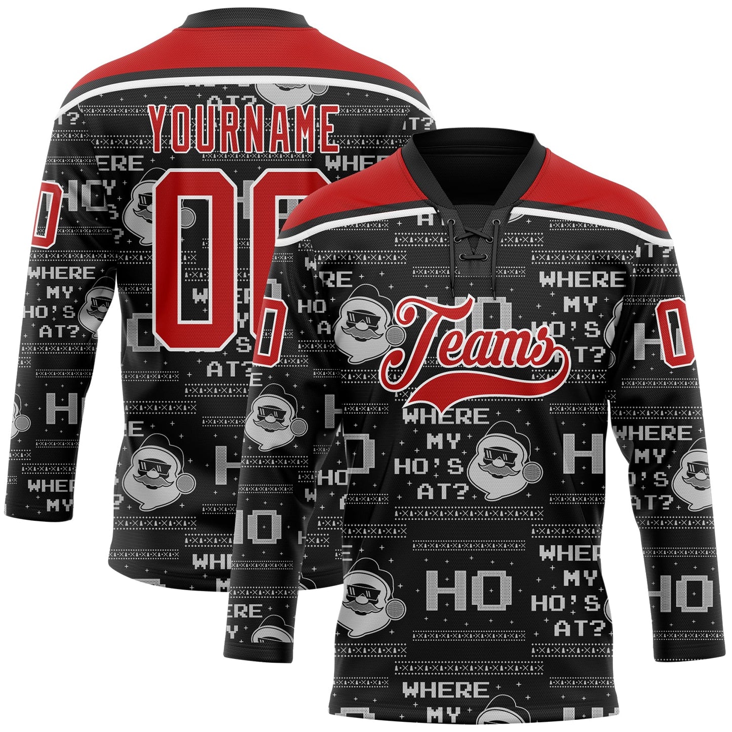 Custom Black Red-White Christmas Santa Claus 3D Hockey Lace Neck Jersey view 2
