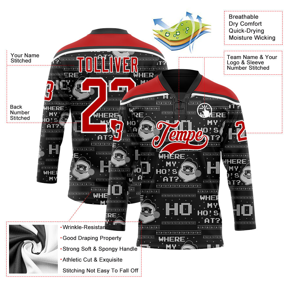 Custom Black Red-White Christmas Santa Claus 3D Hockey Lace Neck Jersey view 3