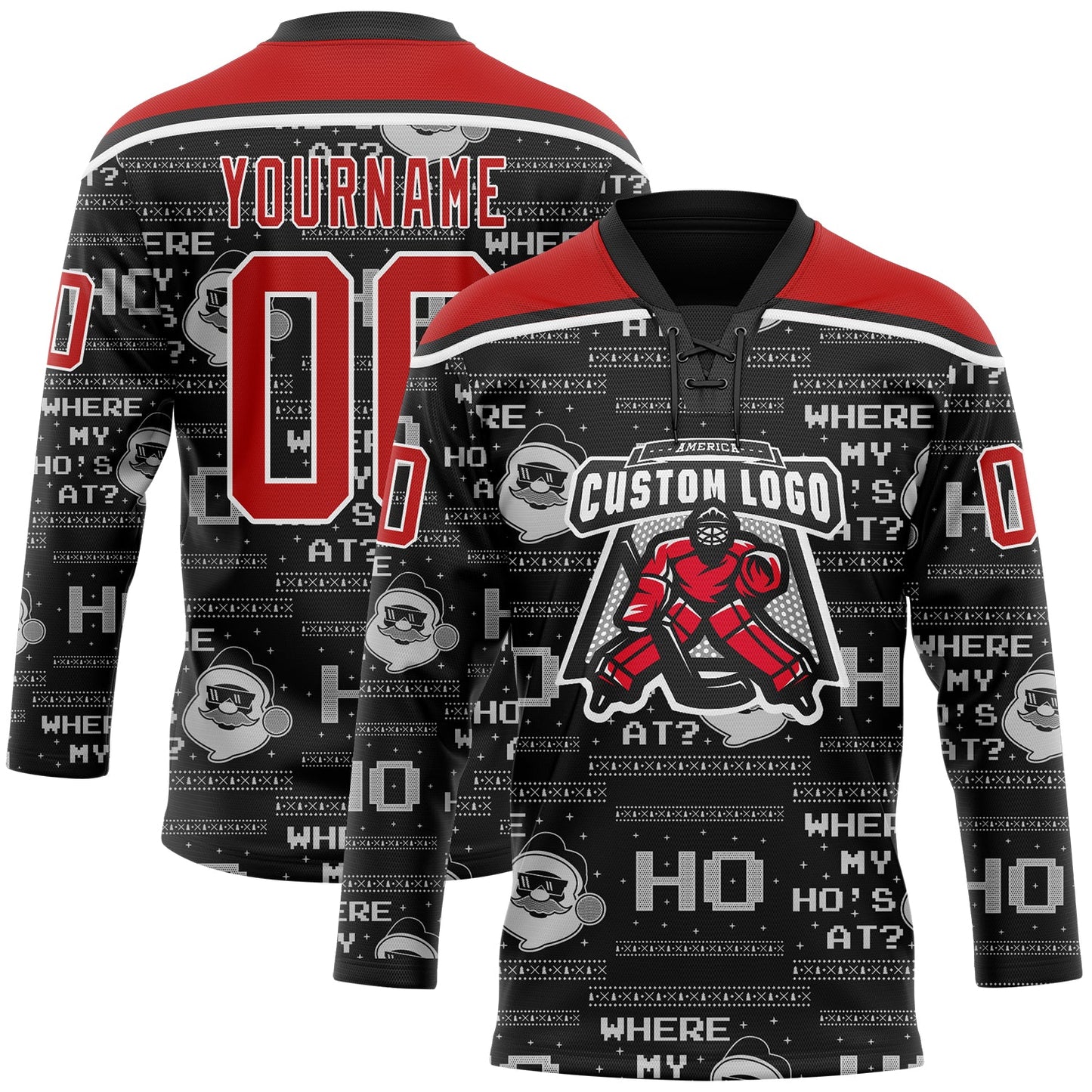 Custom Black Red-White Christmas Santa Claus 3D Hockey Lace Neck Jersey - Main View