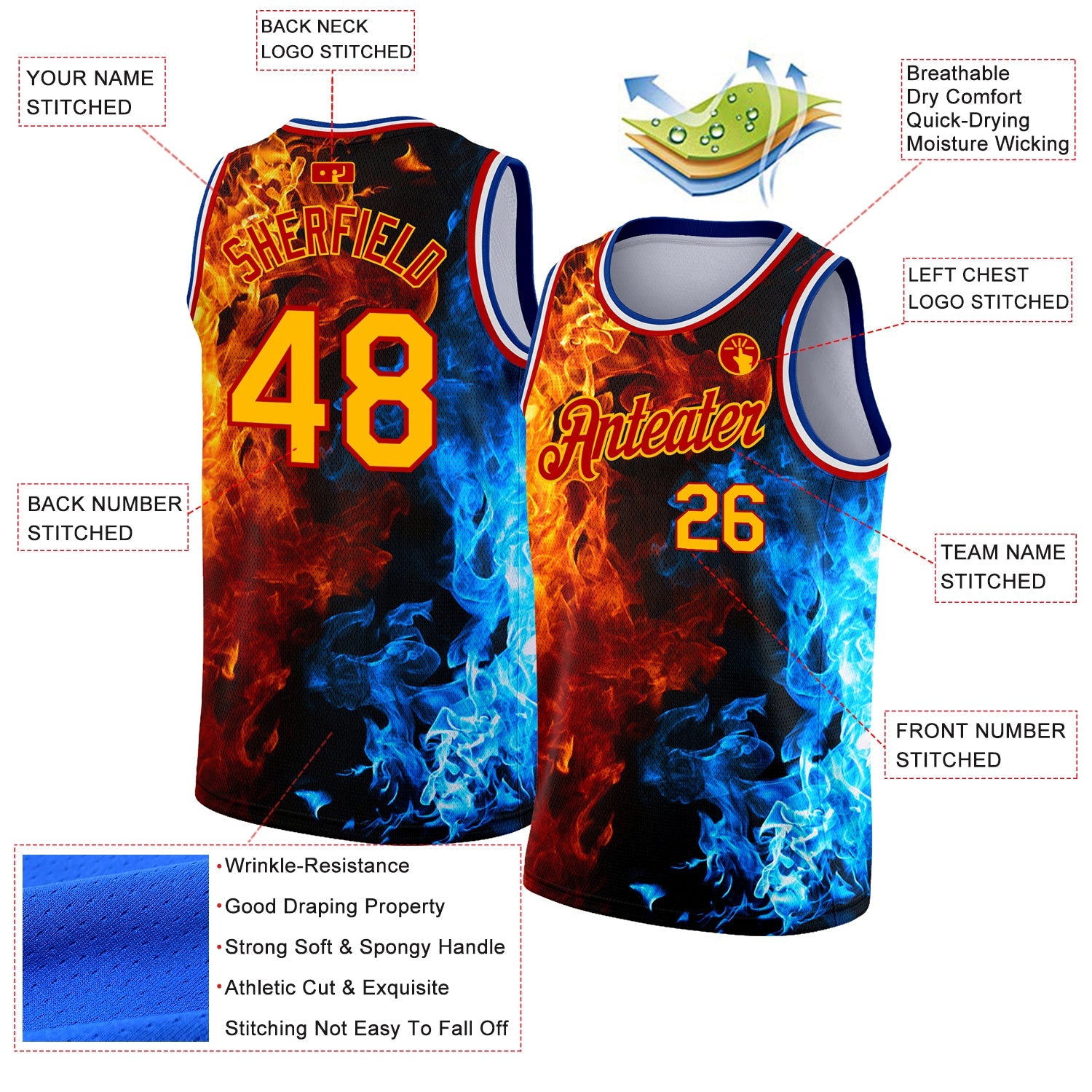 Custom Red Gold-Royal 3D Pattern Design Flame Authentic Basketball Jersey view 2
