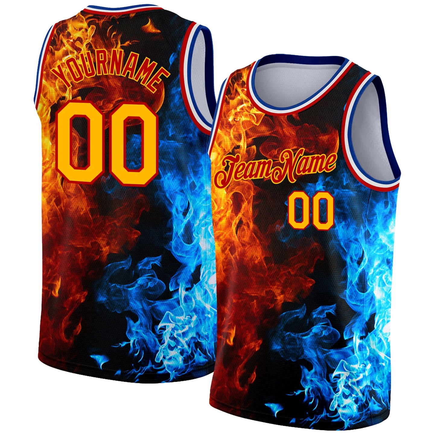 Custom Red Gold-Royal 3D Pattern Design Flame Authentic Basketball Jersey - Main View