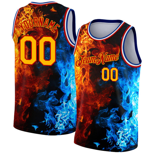 Custom Red Gold-Royal 3D Pattern Design Flame Authentic Basketball Jersey - Main View