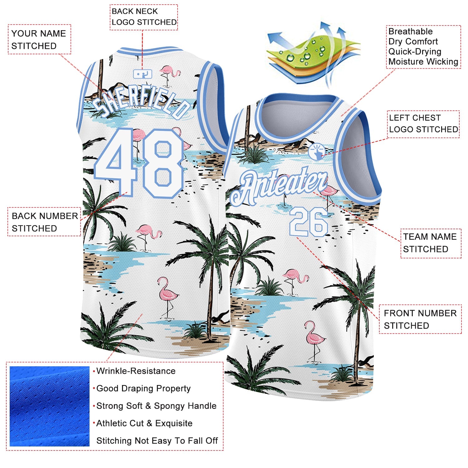 Custom White Light Blue 3D Pattern Tropical Hawaii Palm Trees Authentic Basketball Jersey view 2