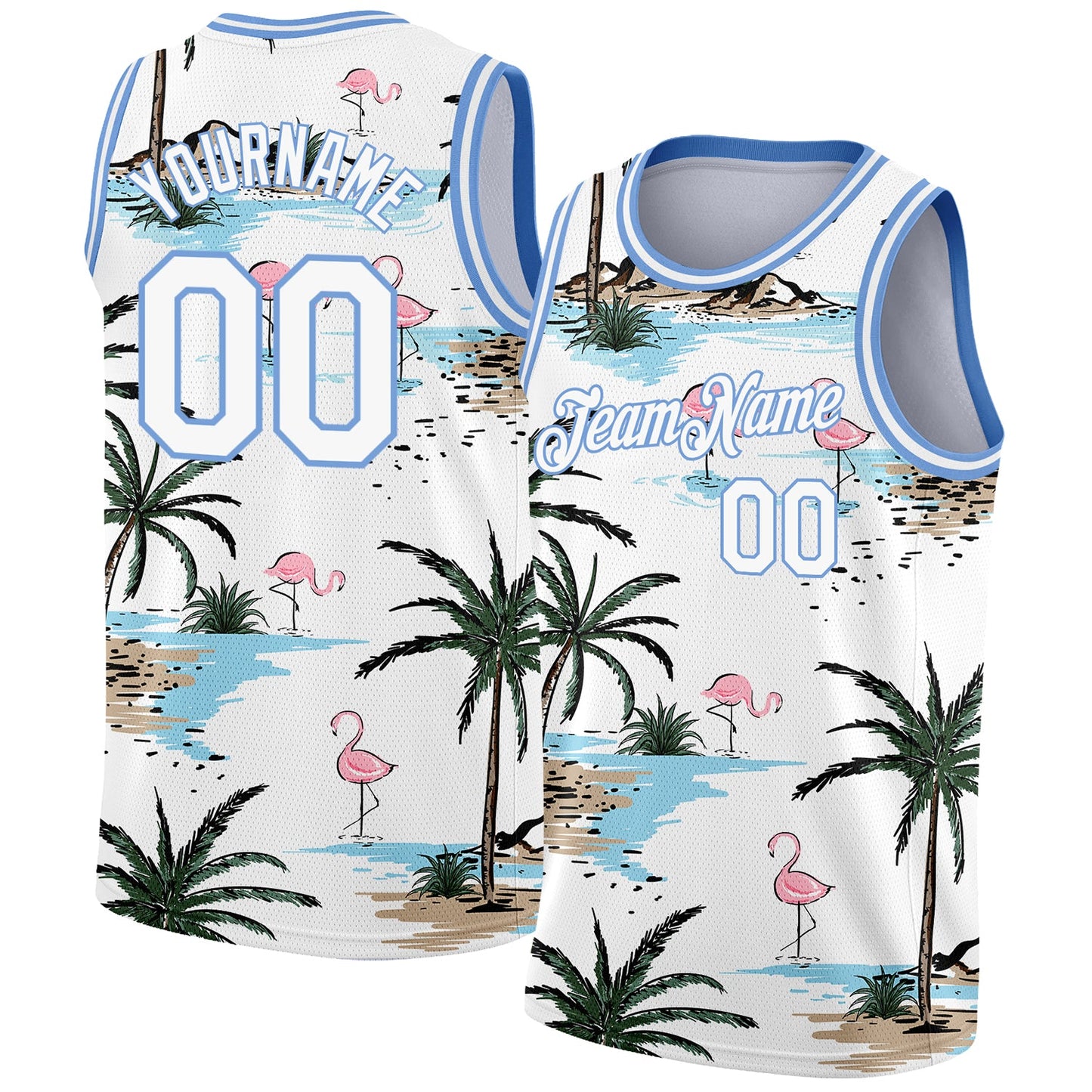 Custom White Light Blue 3D Pattern Tropical Hawaii Palm Trees Authentic Basketball Jersey - Main View