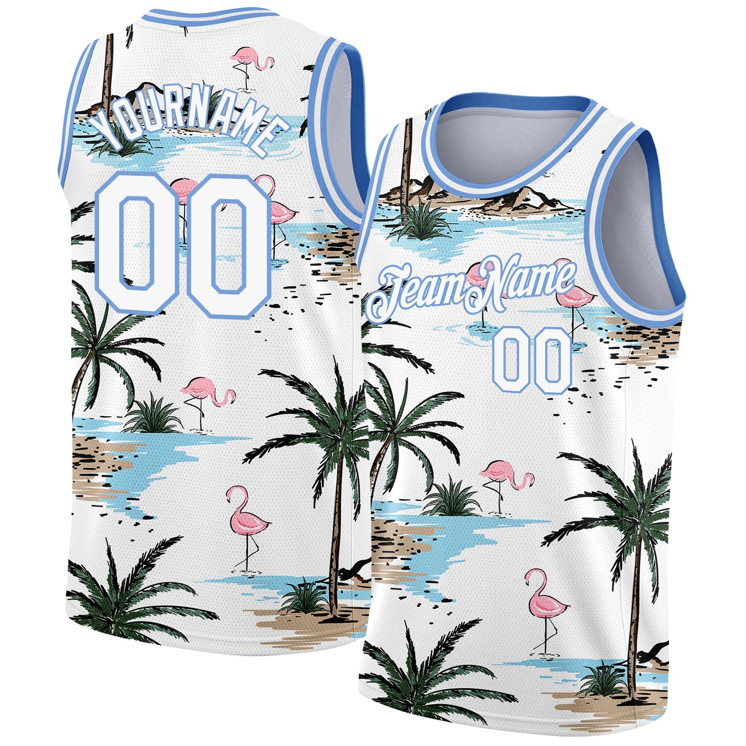 Custom White Light Blue 3D Pattern Tropical Hawaii Palm Trees Authentic Basketball Jersey - Main View