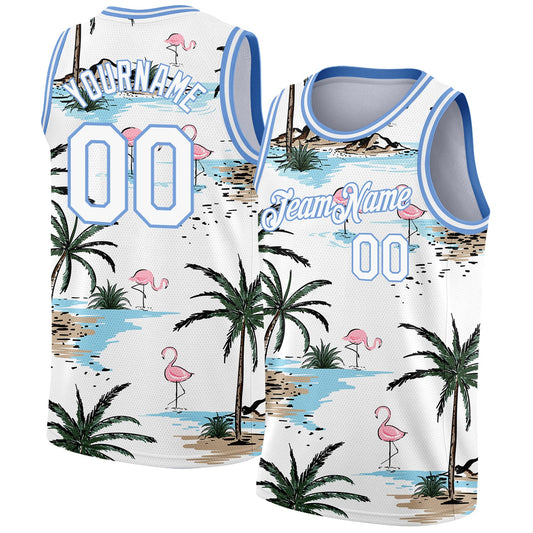 Custom White Light Blue 3D Pattern Tropical Hawaii Palm Trees Authentic Basketball Jersey - Main View