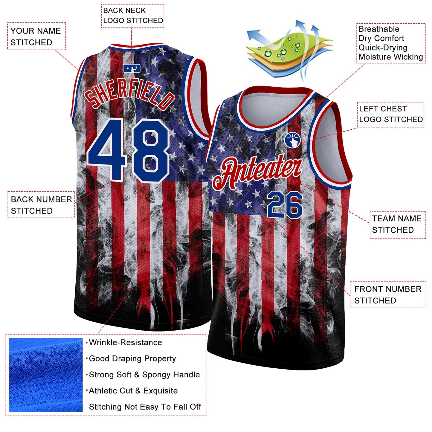 Custom White Royal-Red 3D American Flag Fashion Authentic Basketball Jersey view 2