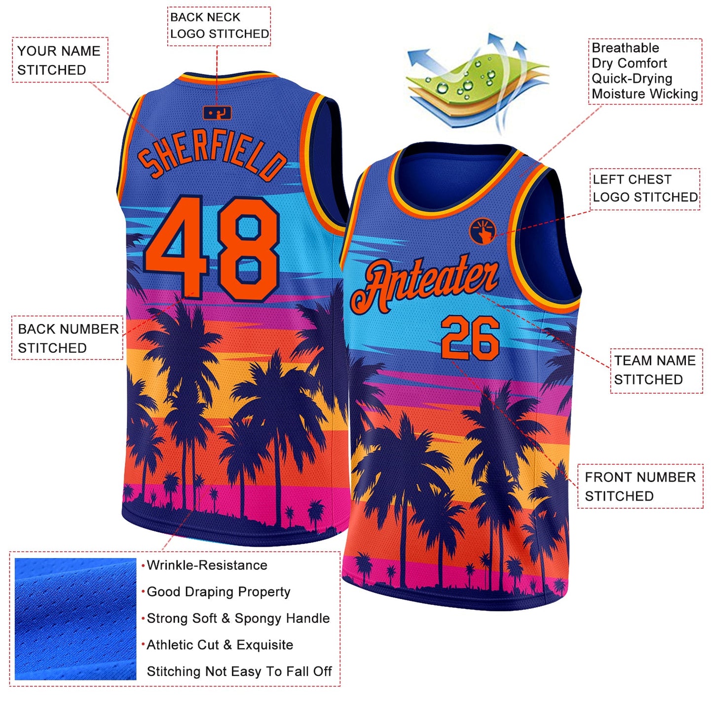 Custom Royal Orange-Navy 3D Pattern Tropical Hawaii Palm Trees Authentic Basketball Jersey view 2