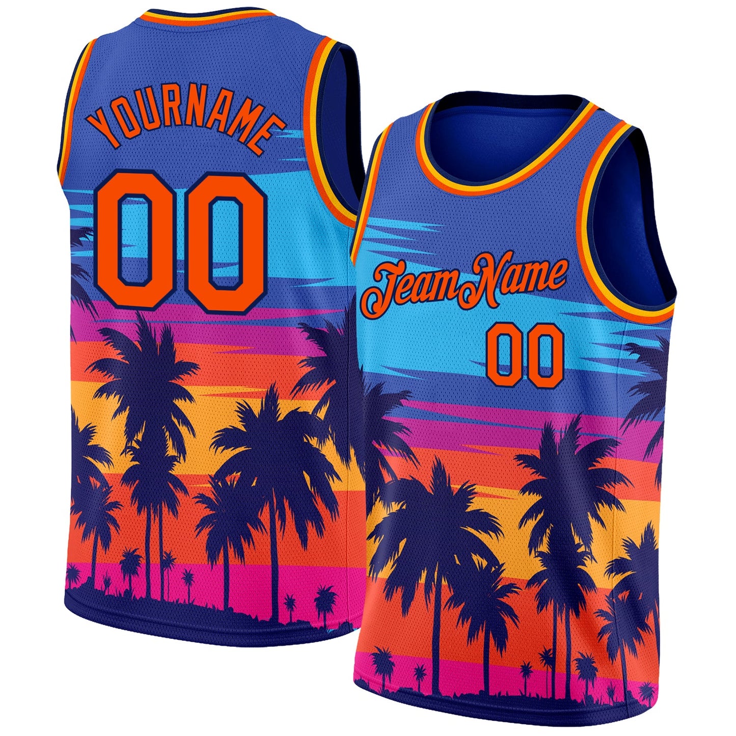 Custom Royal Orange-Navy 3D Pattern Tropical Hawaii Palm Trees Authentic Basketball Jersey - Main View