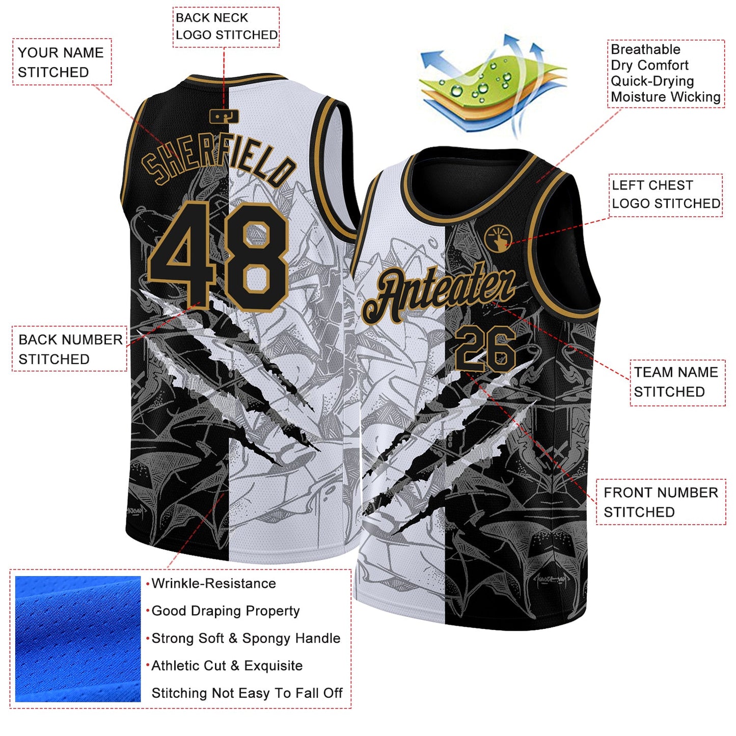 Custom Graffiti Pattern Black-Old Gold 3D Scratch Authentic Basketball Jersey view 2