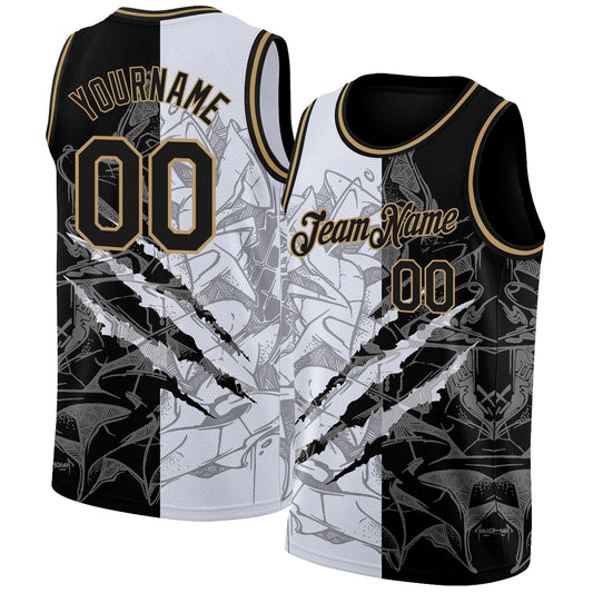 Custom Graffiti Pattern Black-Old Gold 3D Scratch Authentic Basketball Jersey - Main View