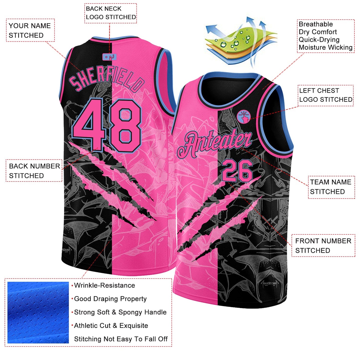 Custom Graffiti Pattern Pink Black-Light Blue 3D Scratch Authentic Basketball Jersey view 2