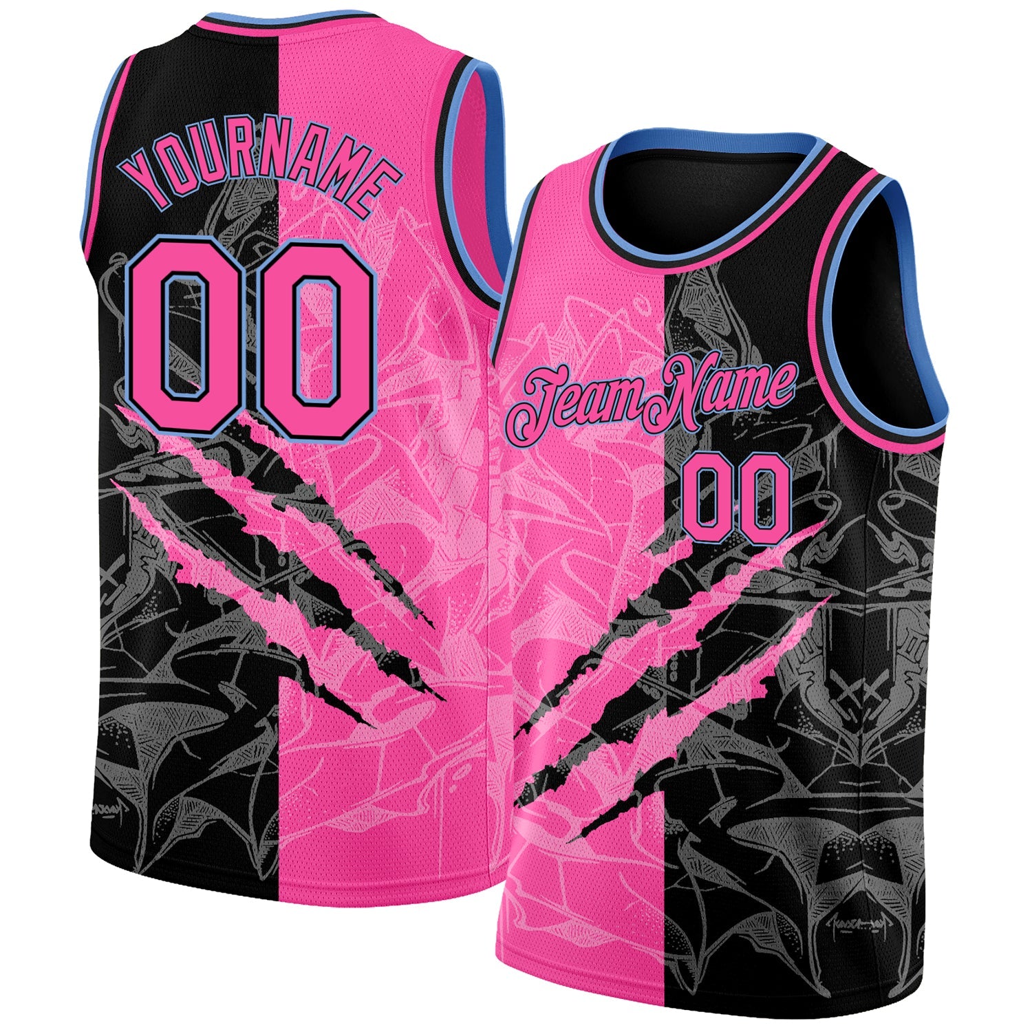 Custom Graffiti Pattern Pink Black-Light Blue 3D Scratch Authentic Basketball Jersey - Main View