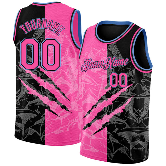 Custom Graffiti Pattern Pink Black-Light Blue 3D Scratch Authentic Basketball Jersey - Main View