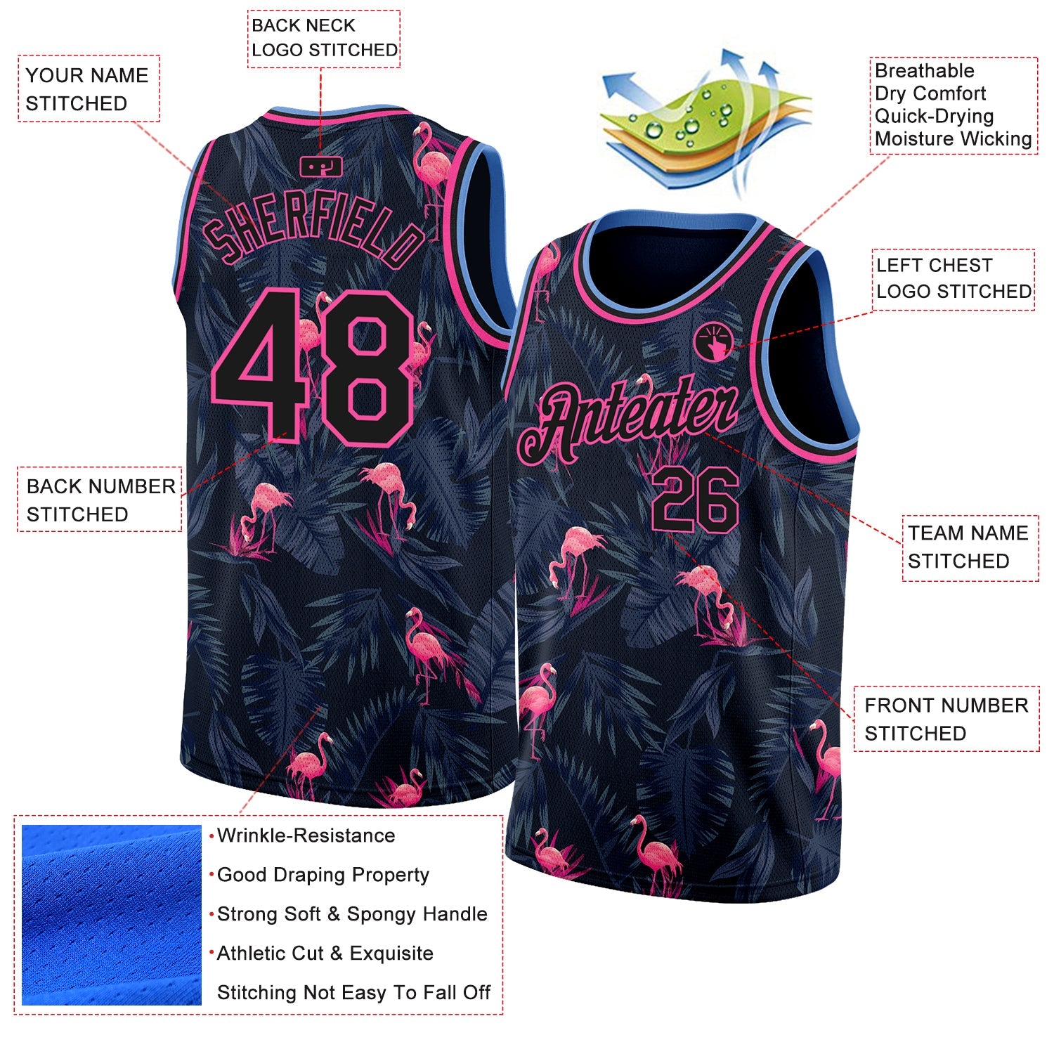 Custom Black Pink-Light Blue 3D Pattern Design Flamingo Authentic Basketball Jersey view 3