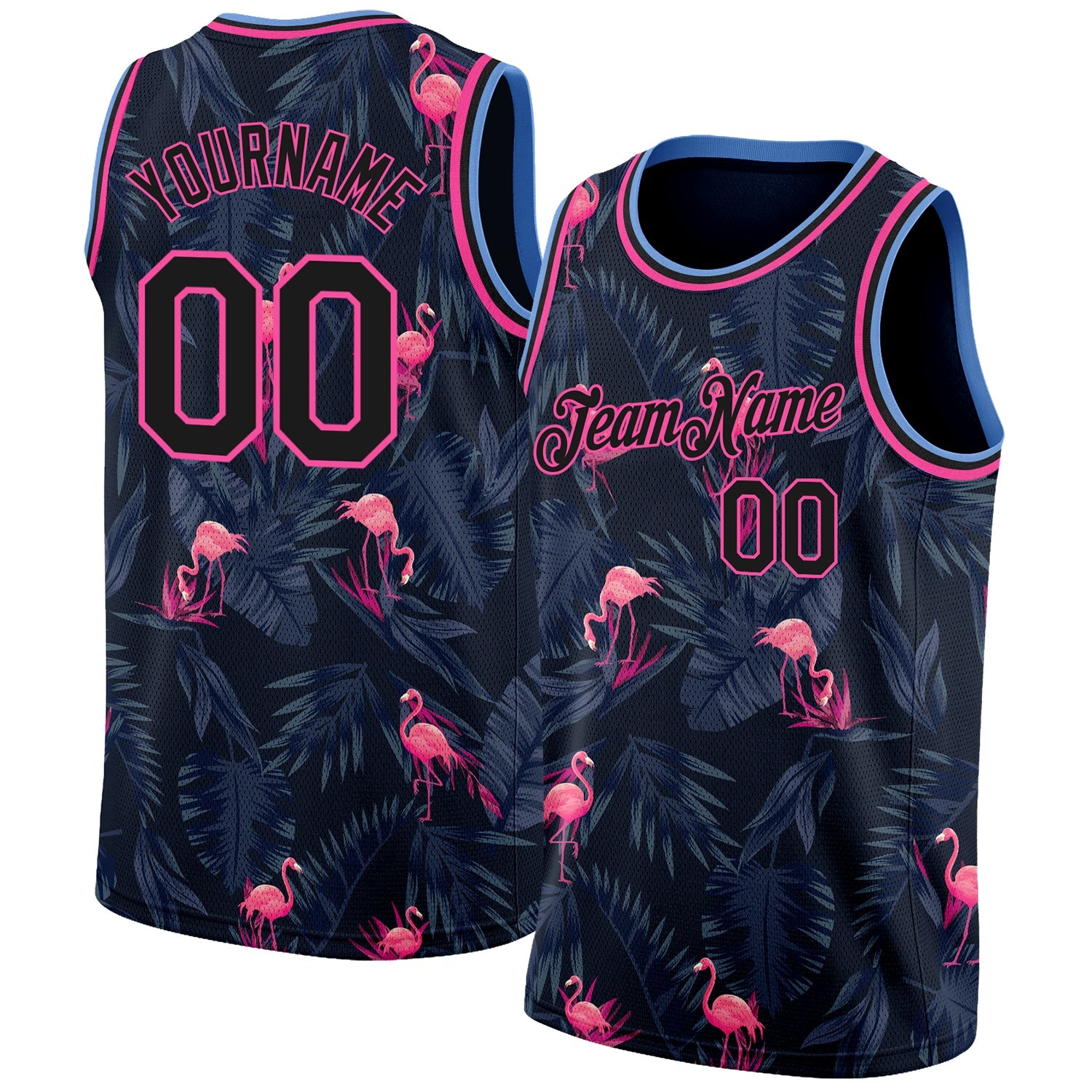 Custom Black Pink-Light Blue 3D Pattern Design Flamingo Authentic Basketball Jersey - Main View