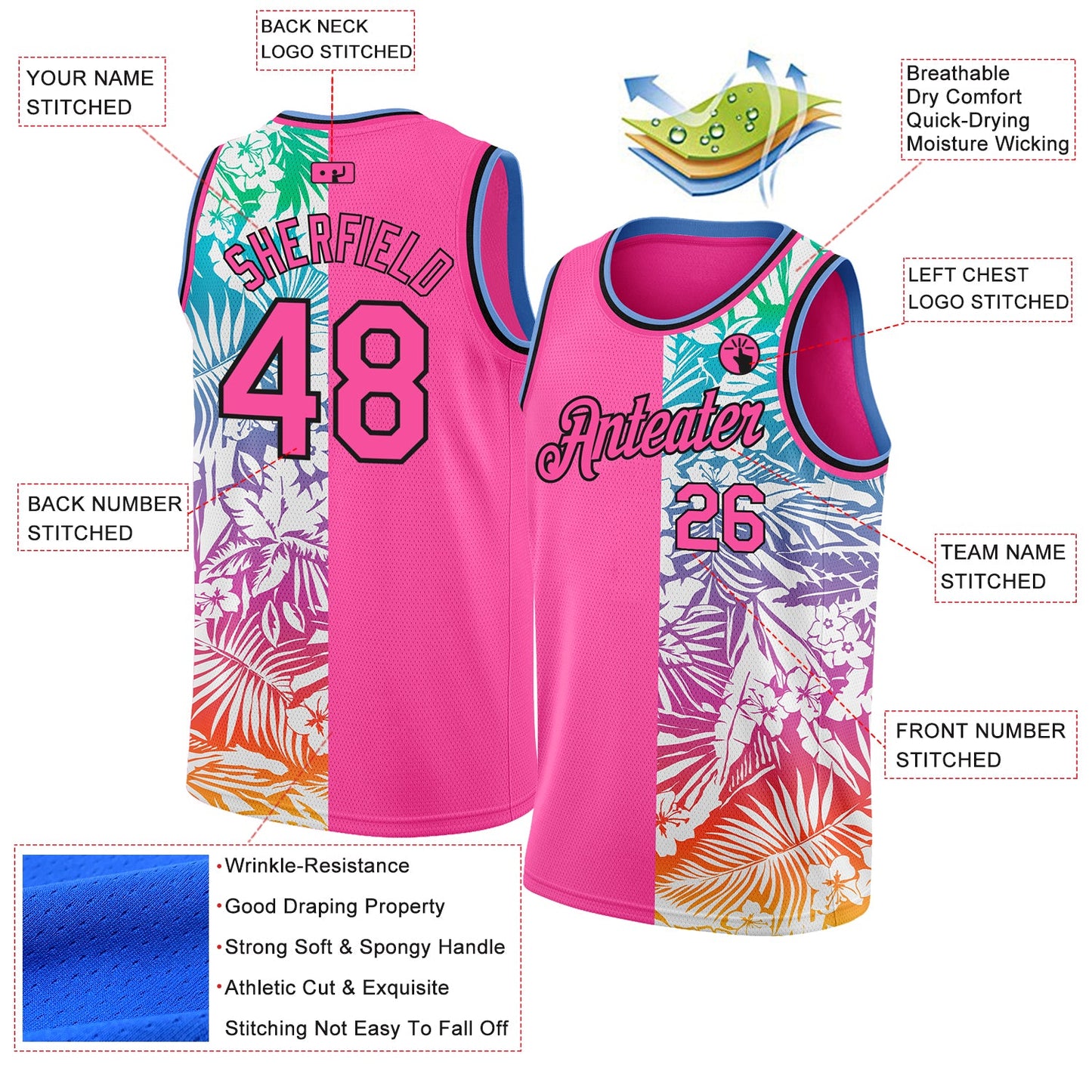 Custom Pink Black 3D Pattern Tropical Hawaii Palm Leaves Authentic Basketball Jersey view 2