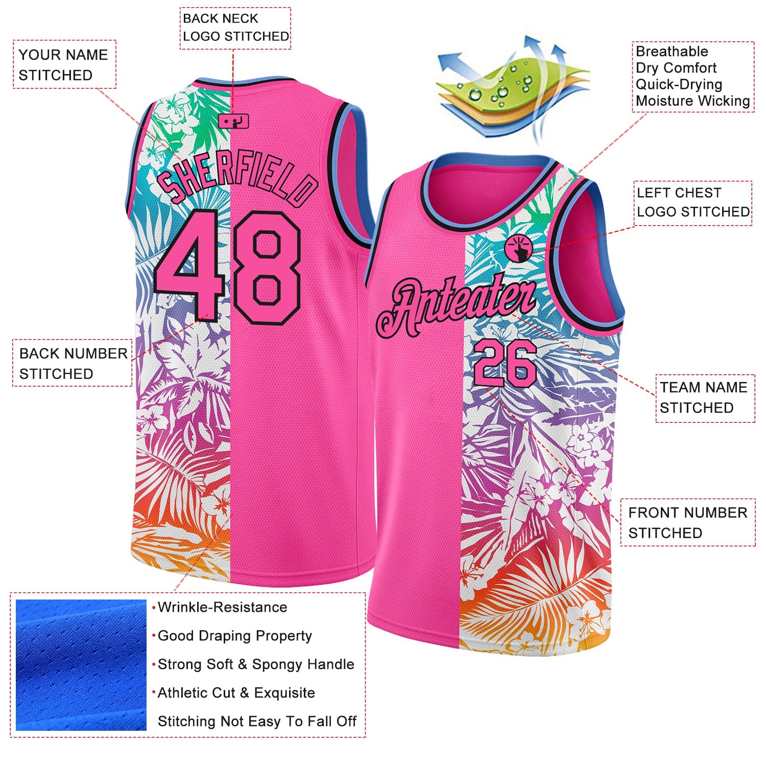 Custom Pink Black 3D Pattern Tropical Hawaii Palm Leaves Authentic Basketball Jersey view 2