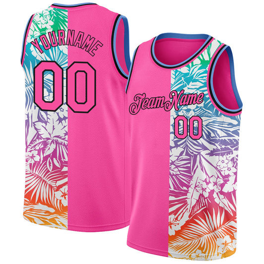 Custom Pink Black 3D Pattern Tropical Hawaii Palm Leaves Authentic Basketball Jersey - Main View